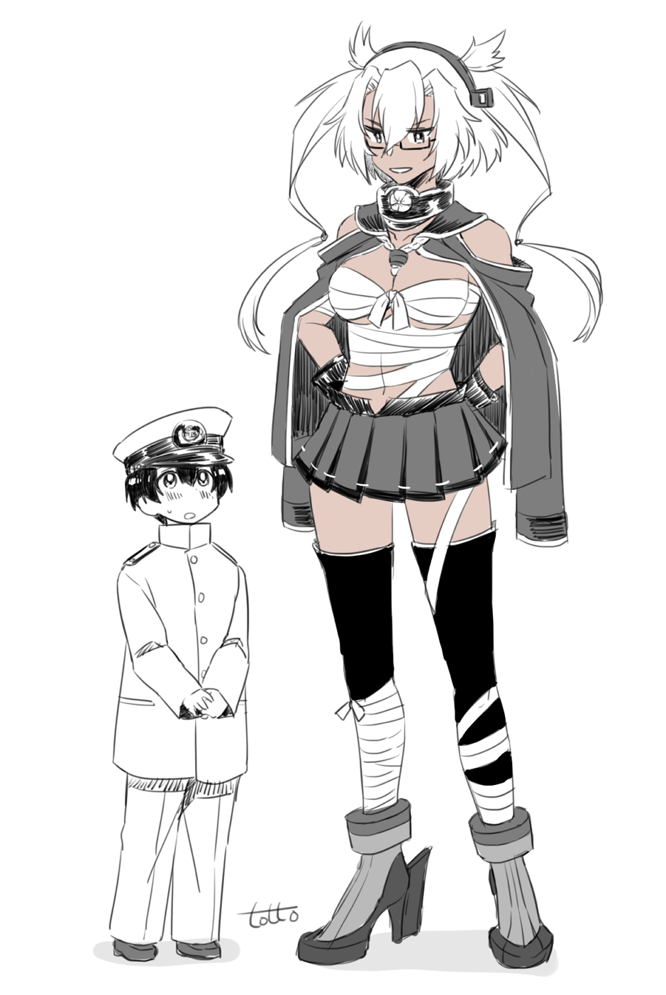 1boy 1girl age_difference artist_name bangs bare_shoulders black_gloves black_hair blush breasts budget_sarashi collar commentary_request dark_skin eyebrows_visible_through_hair full_body glasses gloves hair_between_eyes hands_on_hips hat headgear height_difference highres jacket kantai_collection large_breasts little_boy_admiral_(kantai_collection) long_hair long_sleeves looking_at_another military military_uniform miniskirt musashi_(kantai_collection) open_mouth partly_fingerless_gloves peaked_cap rudder_footwear sarashi semi-rimless_eyewear shoes short_hair short_hair_with_long_locks simple_background skirt smile thighhighs totto_(naka) two_side_up under-rim_eyewear uniform white_background white_hair