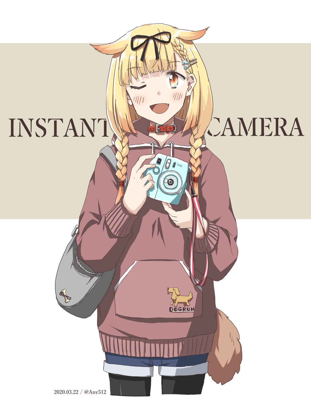 1girl alternate_costume alternate_hairstyle any_(lucky_denver_mint) bag bangs black_legwear blonde_hair blush braid camera clothes_writing collar dated english_text eyebrows_visible_through_hair fang hair_flaps hair_ornament hair_ribbon hairclip highres holding holding_camera hood hood_down hoodie kantai_collection long_hair long_sleeves one_eye_closed open_mouth pantyhose pocket red_collar remodel_(kantai_collection) ribbon shorts simple_background solo tail twin_braids twitter_username two-tone_background yuudachi_(kantai_collection)
