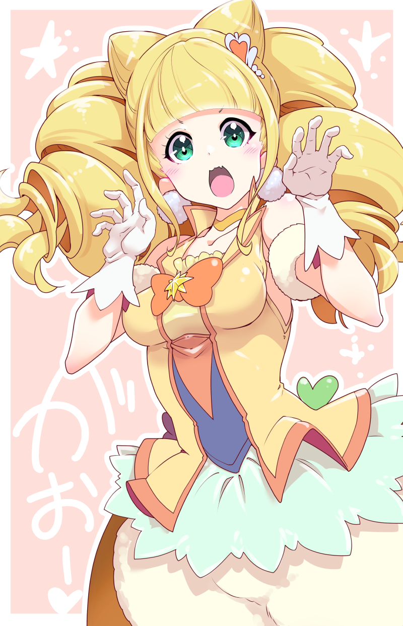 1girl bangs blonde_hair blunt_bangs blush breasts choker cure_sparkle gloves green_eyes hamuhamu hands_up healin'_good_precure highres hiramitsu_hinata looking_at_viewer magical_girl medium_breasts open_mouth pink_background precure short_hair solo twintails white_gloves yellow_choker