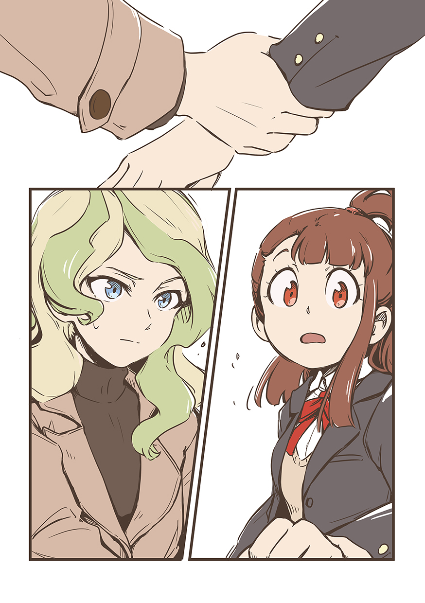 2girls alternate_costume black_jacket blonde_hair blue_eyes brown_hair confused diana_cavendish formal hands_on_another's_wrists highres jacket kagari_atsuko little_witch_academia long_hair looking_at_another multicolored_hair multiple_girls open_mouth red_eyes simple_background suit surprised tonton_(mathcaca24) yuri