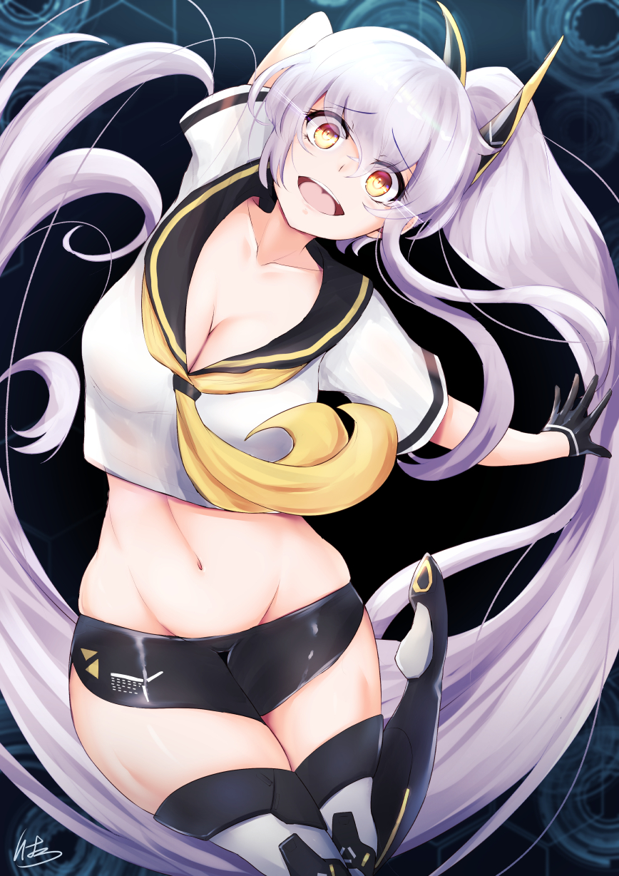 1girl azur_lane bangs bare_shoulders blush breasts cleavage commentary_request eyebrows_visible_through_hair gloves groin hair_between_eyes highres ibara_azuki large_breasts long_hair looking_at_viewer navel open_mouth short_shorts shorts silver_hair siren_(azur_lane) siren_purifier_(azur_lane) smile solo very_long_hair yellow_eyes