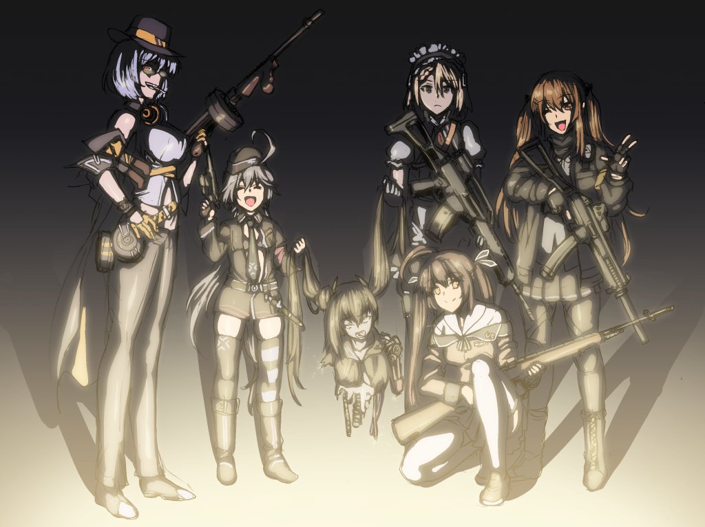 6+girls ahoge assault_rifle bare_shoulders battle_rifle black_bikini_top black_hair black_jacket black_legwear blonde_hair boots brown_hair byeontae_jagga c96_(girls_frontline) cigarette closed_eyes damaged denim drum_magazine eotech fingerless_gloves g36_(girls_frontline) garrison_cap girls_frontline glasses gloves gun h&amp;k_g36 h&amp;k_ump h&amp;k_ump9 hair_between_eyes hair_ornament hair_ribbon hand_on_hip handgun hat headphones headphones_around_neck holding holding_hair jacket long_hair m14 m14_(girls_frontline) maid_dress maid_headdress mauser_c96 mouth_hold multiple_girls necktie one_eye_closed one_knee open_mouth ouroboros_(girls_frontline) pose ribbon rifle scarf silver_hair strap submachine_gun thighhighs thompson_(girls_frontline) thompson_submachine_gun tongue tongue_out torso_only trigger_discipline twintails ump9_(girls_frontline) upper_body v very_long_hair weapon yellow_eyes yellow_gloves