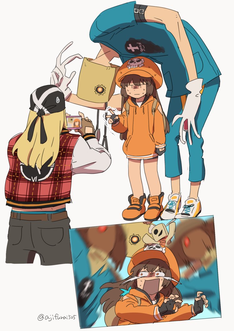 1girl 2boys afterimage asaya_minoru axl_low backpack bag bag_on_head bag_over_head bandana bangs black_gloves black_pants blonde_hair blue_pants blue_shirt brown_eyes brown_gloves brown_hair cabbie_hat cellphone chibi cropped_legs crying drawstring eyebrows_visible_through_hair faust_(guilty_gear) fingerless_gloves gloves glowing glowing_eye grey_background guilty_gear guilty_gear_strive hat height_difference holding holding_phone hood hood_down hoodie jacket leaning_to_the_side long_hair long_sleeves may_(guilty_gear) motion_blur multiple_boys one_eye_covered orange_footwear orange_headwear orange_hoodie pants paper_bag phone plaid_jacket red_jacket scared shirt shoes short_sleeves simple_background skull_and_crossbones standing stethoscope streaming_tears taking_picture tears trembling twitter_username v v-shaped_eyebrows very_long_hair white_footwear white_gloves |_|