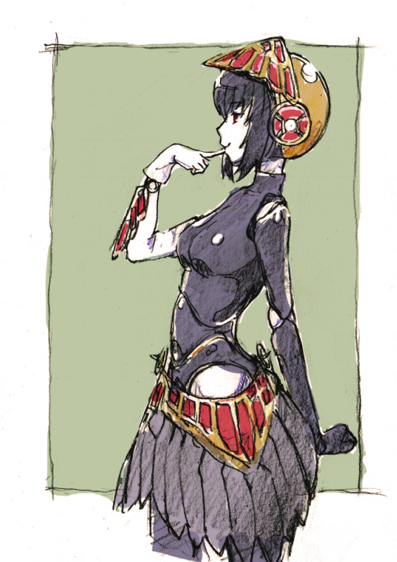 1girl android bangs breasts closed_mouth commentary_request cowboy_shot eyebrows_visible_through_hair finger_to_mouth from_side graphite_(medium) helmet index_finger_raised medium_breasts metis persona persona_3 profile robot_joints short_hair sketch skirt smile solo standing tonmoh traditional_media