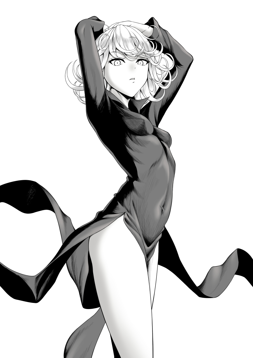 1girl arms_up bangs breasts commentary_request covered_navel curly_hair dress eyebrows_visible_through_hair greyscale hands_on_head highres long_sleeves looking_at_viewer monochrome one-punch_man parted_lips short_hair small_breasts solo standing tatsumaki tawagoto_dukai_no_deshi thighs v-shaped_eyebrows