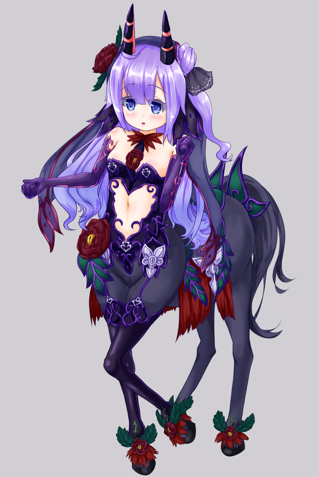 1girl :o ahoge azur_lane bangs bare_shoulders bicorn black_bow black_ribbon blush bow breasts centaur clenched_hands commentary_request elbow_gloves eyebrows_visible_through_hair flower full_body garter_straps gloves grey_background hair_between_eyes hair_bun hair_flower hair_ornament hana_yamakiri heart_cutout hooves horns horse_legs horse_tail leg_up leotard long_hair looking_at_viewer monster_girl monster_girl_encyclopedia monsterification navel navel_cutout one_side_up purple_eyes purple_gloves purple_hair purple_legwear purple_leotard red_flower red_rose ribbon rose side_bun sidelocks small_breasts solo standing strapless strapless_leotard tail thighhighs unicorn_(azur_lane)