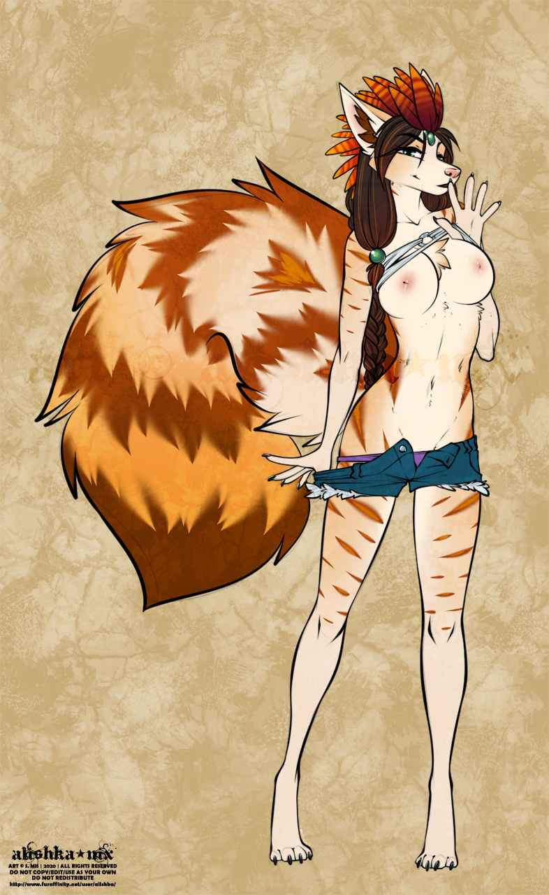 2020 4_toes 5_fingers alishka anthro areola breasts brown_hair canid canine digital_media_(artwork) eyebrows eyelashes female fingers hair hi_res mammal nipples slim solicia solo thin_waist toes