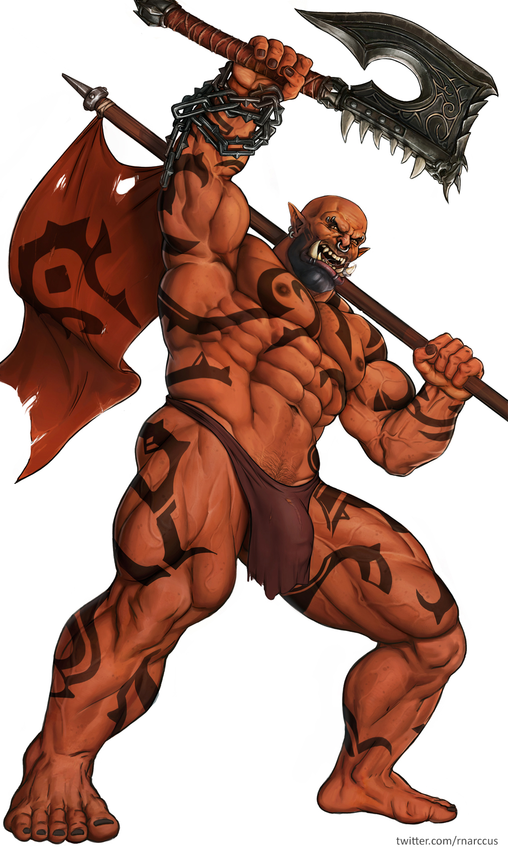 2020 5_fingers 5_toes abs angry bald beard biceps big_muscles biped bodily_fluids brown_body bulge chain clothed clothing digital_media_(artwork) ear_piercing ear_ring eyebrow_piercing facial_hair facial_piercing fantasy_axe fantasy_weapon fingers flag full-length_portrait garrosh_hellscream genital_outline hi_res holding_flag holding_object holding_weapon humanoid humanoid_pointy_ears lip_piercing loincloth male muscular muscular_male navel nipples nose_piercing not_furry open_mouth orange_eyes orc orc_humanoid pecs penis_outline piercing portrait quads raised_arm rnarccus saliva septum_piercing simple_background skimpy solo standing tattoo teeth text toes topless triceps tusks url vein weapon white_background