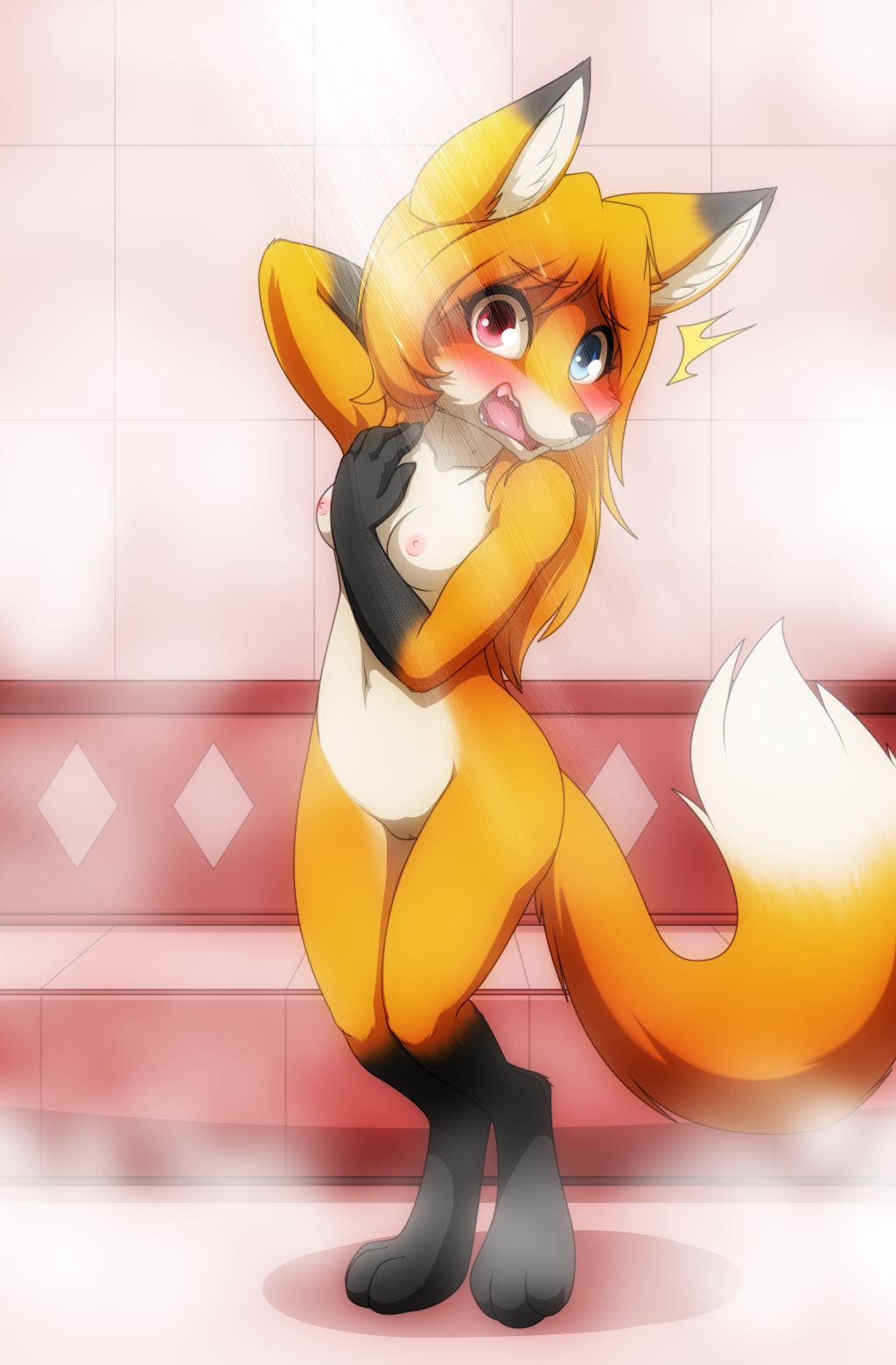 2020 amber_(mancoin) anthro barely_visible_genitalia barely_visible_pussy bathroom black_body black_fur black_nose blush breasts canid canine caught darkmirage digital_media_(artwork) embarrassed exposed female fingers fox foxyverse fur genitals hair heterochromia hi_res long_hair looking_at_viewer mammal navel nipples nude open_mouth orange_body orange_fur pussy shower small_breasts solo standing walked_in_on white_body white_fur