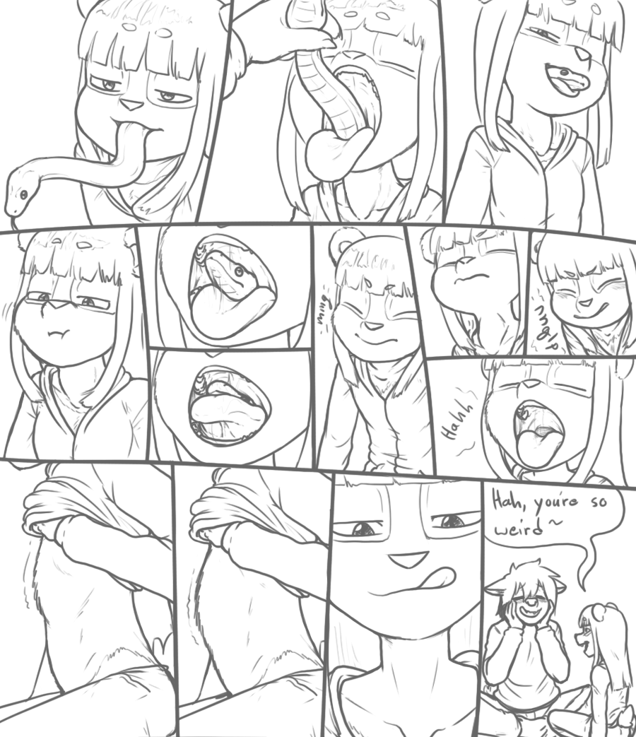 anthro anthro_pred blush clothed clothing clothing_lift duo english_text female female_pred feral feral_prey giant_panda licking licking_lips male mammal monochrome neck_bulge open_mouth oral_vore reptile scalie shirt shirt_lift snake swallowing text that_kei_guy tongue tongue_out topwear ursid vore
