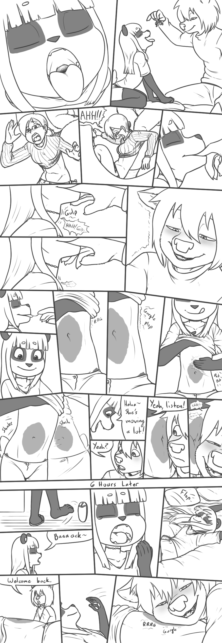 absurd_res anthro anthro_pred belly_rub blush breasts canid canine choker clothed clothing clothing_lift comic digestion feeding female female_pred female_prey giant_panda group hi_res human human_prey jewelry male mammal micro midriff monochrome mouth_shot navel neck_bulge necklace open_mouth oral_vore rumbling_stomach shaking_hips shirt shirt_lift slim small_breasts swallowing that_kei_guy topwear ursid vore yawn