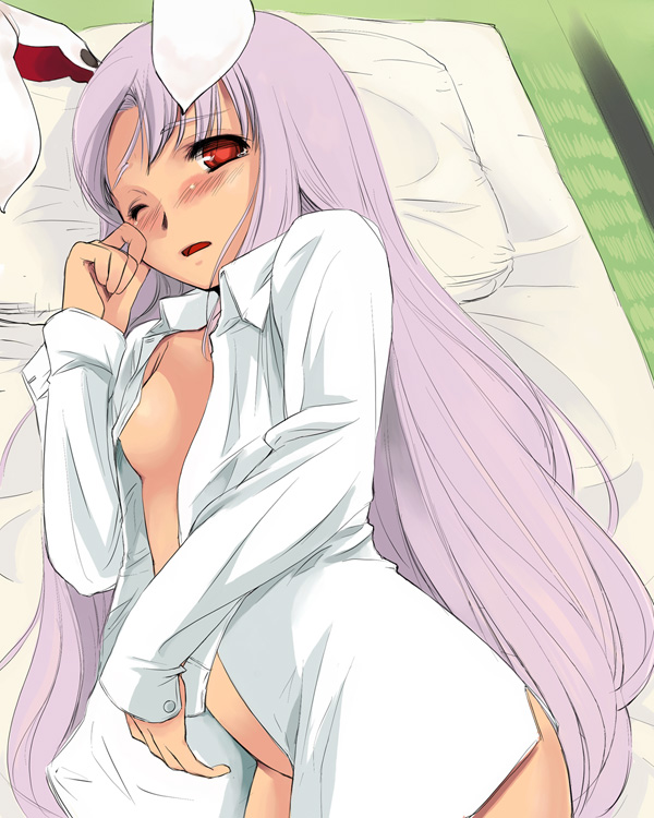 animal_ears bangs blush bottomless bunny_ears convenient_censoring d; dress_shirt futon indoors lavender_hair long_hair long_sleeves looking_at_viewer lying naked_shirt on_bed on_side one_eye_closed open_clothes open_mouth open_shirt petite pillow red_eyes reisen_udongein_inaba rubbing_eyes shirt sleepy solo straight_hair tatami tearing_up touhou very_long_hair yuu_(kfc)