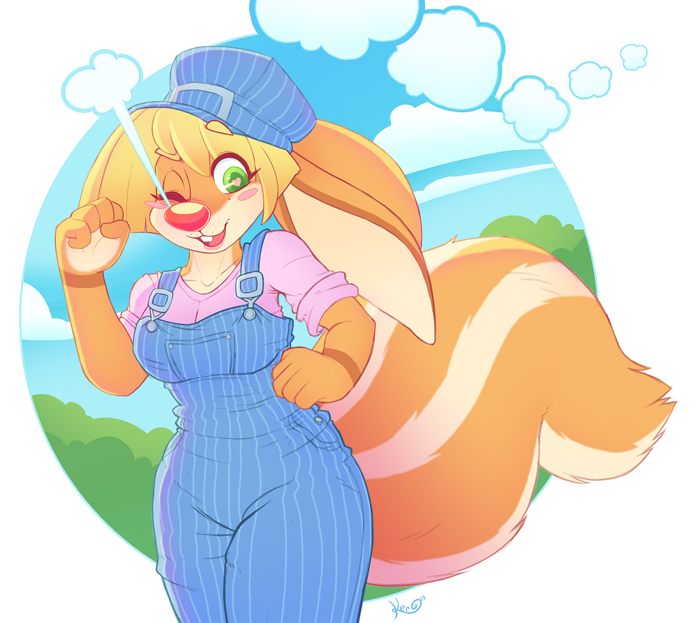 &lt;3 &lt;3_eyes 2018 blonde_hair breasts clothing cloud day female green_eyes hair hat headgear headwear hybrid lagomorph leporid luniquekero mammal mephitid outside overalls rabbit red_nose skunk smile solo