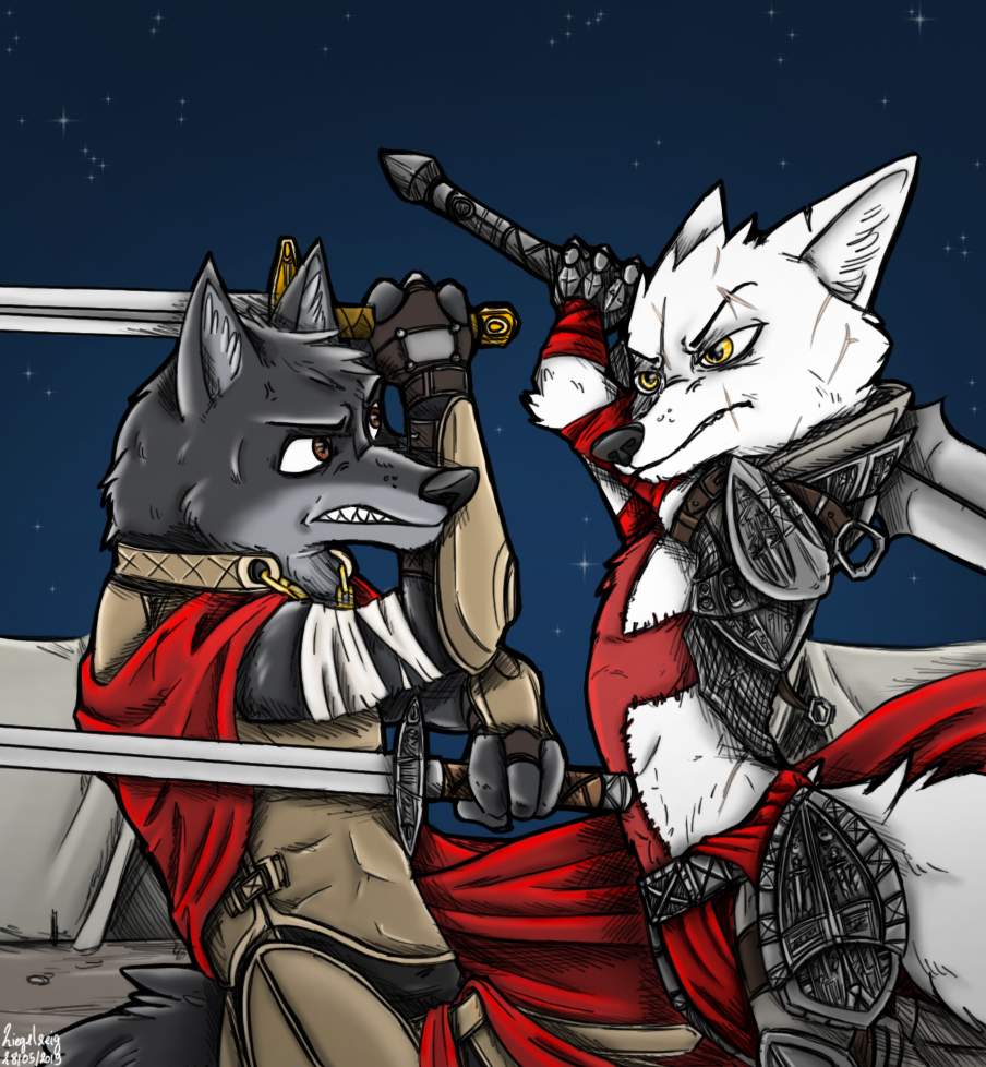 4_fingers anthro arctic_fox black_body black_fur blade brown_eyes canid canine canis dante's_inferno duel duo fan_character fantasy fight fingers fox fur male mammal medieval melee_weapon sword weapon white_body white_fur wolf yellow_eyes ziegelzeig