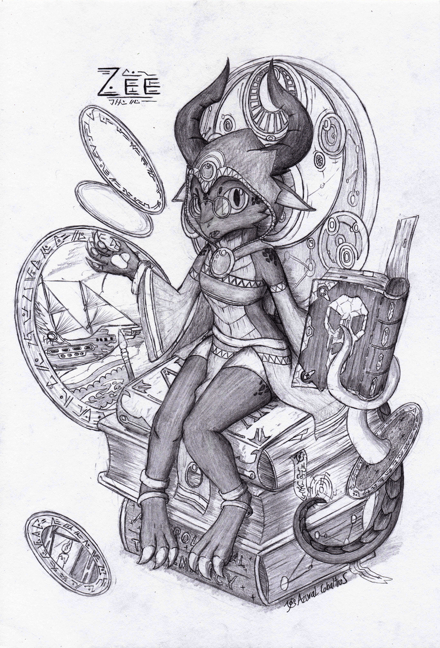 3_toes aircraft airship anklet anthro azural_cobaltros barefoot book cloak clothing eyewear female glasses greyscale hi_res hood horn jewelry kobold magic_user mirror monochrome necklace solo tentacles toes zee