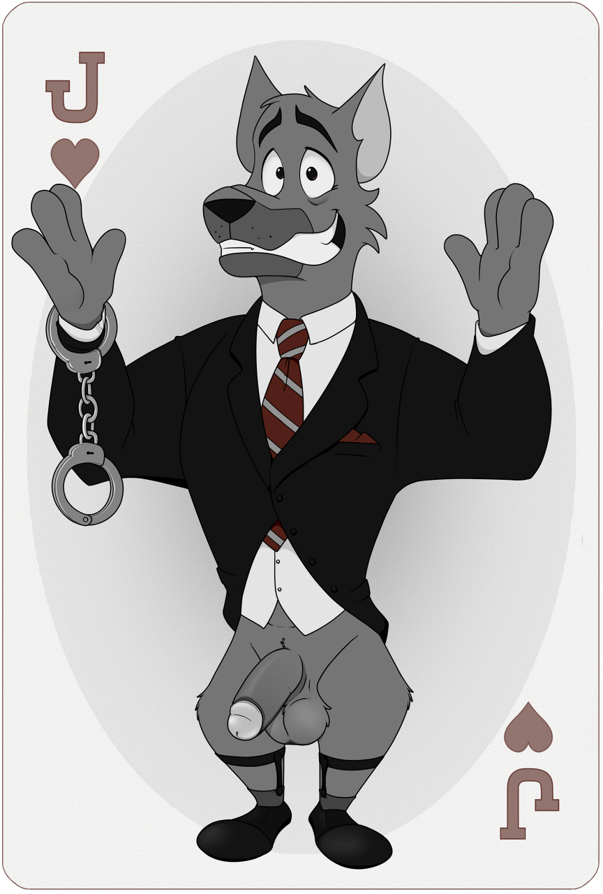 ace_hart anthro balls big_balls big_penis black_tie_(suit) bottomless canid canine canis clothed clothing dog_city domestic_dog fur genitals german_shepherd handcuffs herding_dog hi_res humanoid_genitalia humanoid_penis looking_at_viewer male mammal muscular necktie neenya pastoral_dog penis shackles simple_background smile sock_garters solo suit teeth topwear