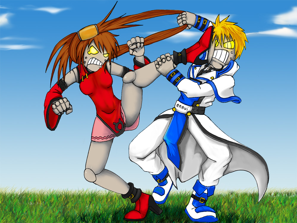 4:3 angry blonde_hair bodily_fluids brown_hair crying duo female fight guilty_gear hair machine male mugen not_furry ponytail pulling_hair robo-jam robo-ky robot tears touching_hair xx81 yellow_eyes