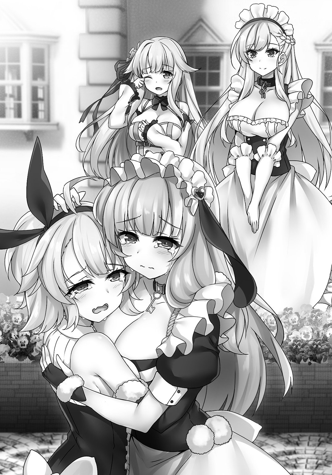 4girls azur_lane belfast_(azur_lane) black_gloves blush braid breasts cleavage closed_mouth collarbone crying elbow_gloves eyebrows_visible_through_hair fingerless_gloves glorious_(azur_lane) gloves greyscale hairband highres hug kent_(azur_lane) large_breasts long_hair looking_at_another monochrome multiple_girls novel_illustration one_eye_closed open_mouth outdoors puffy_short_sleeves puffy_sleeves raiou short_hair short_sleeves smile suffolk_(azur_lane)