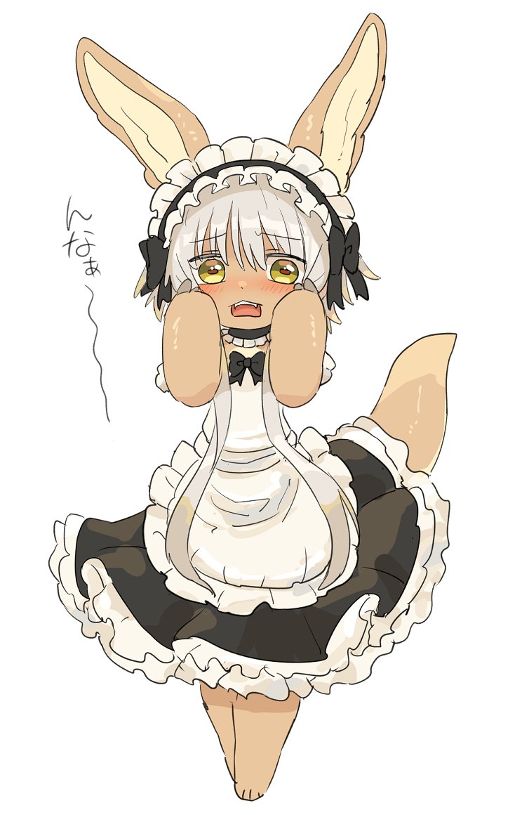 1other androgynous animal_ears apron black_bow bow embarrassed fangs full_body furry hair_bow kawasemi27 made_in_abyss maid maid_apron maid_headdress nanachi_(made_in_abyss) short_hair tail translation_request upper_teeth white_hair yellow_eyes