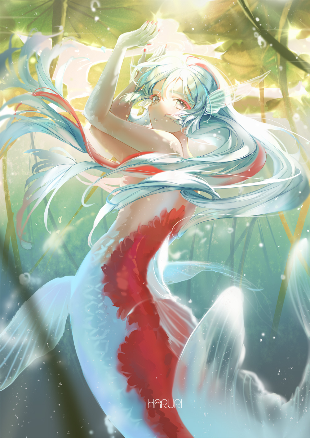 1girl arms_up bangs blue_hair commentary day grey_eyes hair_between_eyes hair_censor highres koi long_hair looking_at_viewer looking_to_the_side mermaid monster_girl mullpull nail_polish nude original outdoors parted_lips red_nails signature solo sunlight transparent twintails underwater very_long_hair water