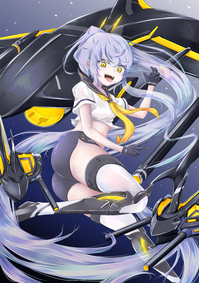 1girl absurdly_long_hair ass azur_lane black_gloves black_shorts commentary gloves high_ponytail highres long_hair long_ponytail mechanic midriff open_mouth ponytail short_shorts shorts silver_hair siren_(azur_lane) siren_purifier_(azur_lane) solo teeth thighhighs tongue tongue_out turret v very_long_hair white_legwear yamamoto_rintaro yellow_eyes