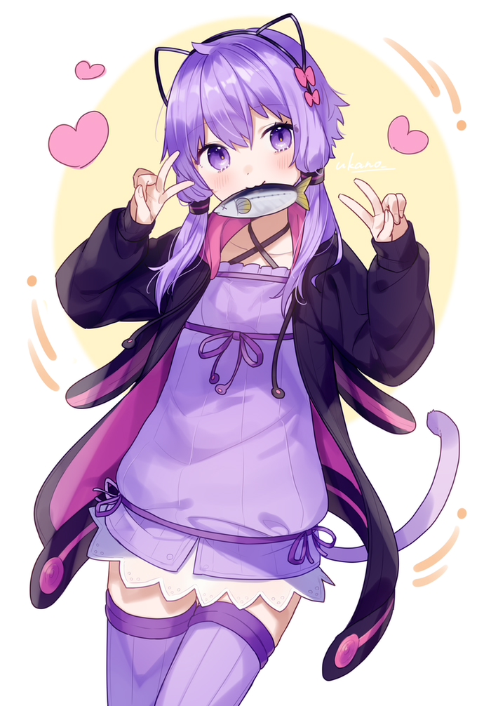 1girl :3 ai_kusunoki animal_ears bangs bow bunny_ears cat_ears cat_tail commentary cowboy_shot double_v dress fake_animal_ears fish hair_bow heart jacket kemonomimi_mode looking_at_viewer low_twintails mouth_hold pink_bow purple_dress purple_eyes purple_hair purple_jacket purple_legwear short_dress short_hair_with_long_locks simple_background sleeveless sleeveless_dress solo tail thighhighs twintails v voiceroid white_background yuzuki_yukari