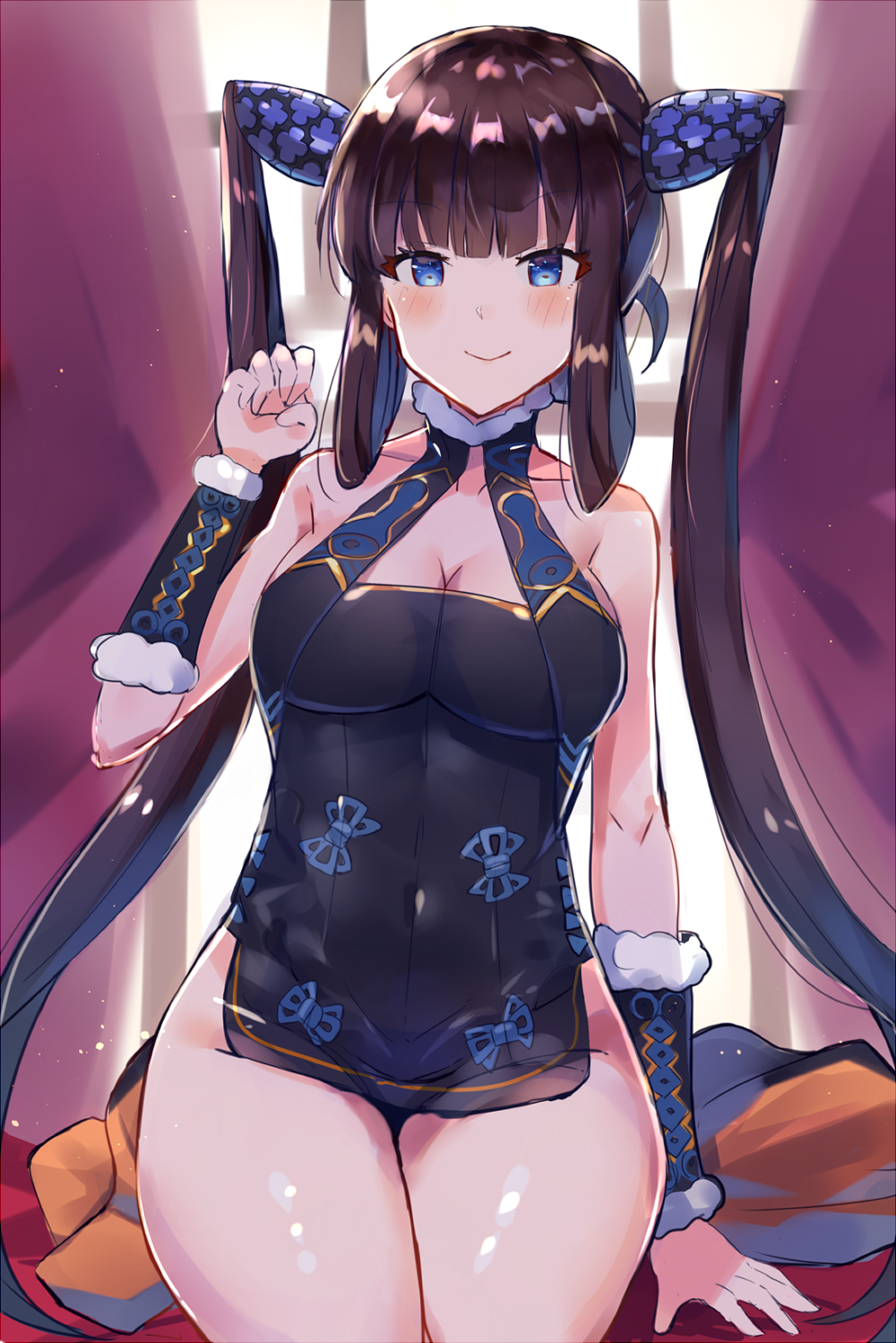 1girl backlighting bangs bare_shoulders black_dress blue_eyes blunt_bangs blush breasts china_dress chinese_clothes cleavage closed_mouth covered_navel curtains detached_sleeves dress fate/grand_order fate_(series) hair_ornament hand_up highres long_hair looking_at_viewer medium_breasts purple_hair side_slit sidelocks sitting smile solo thighs twintails very_long_hair window xenonstriker yang_guifei_(fate/grand_order)