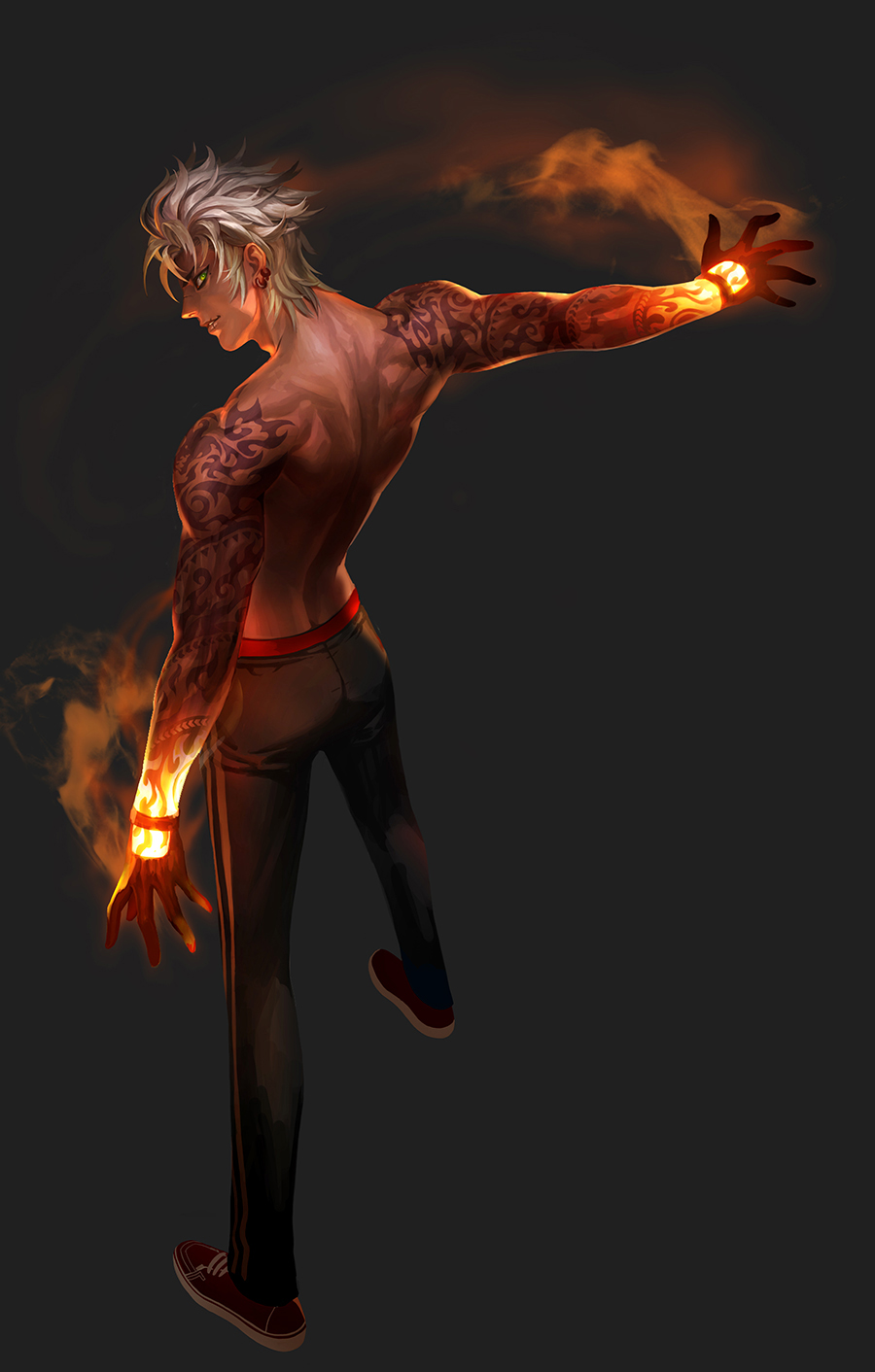 1boy arm_tattoo back black_gloves fire gloves glowing green_eyes grey_background herowarz highres kogseu looking_back male_focus muscle parted_lips shoes simple_background smile sneakers solo standing tattoo white_hair