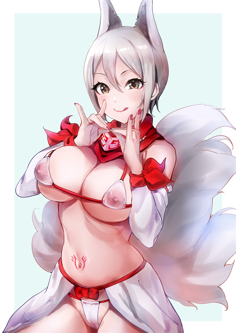 1girl :q animal_ears bare_shoulders bikini blue_background blush border bound bound_wrists breasts brown_eyes cameltoe cleavage closed_mouth covered_nipples detached_sleeves fox_ears fox_girl fox_shadow_puppet fox_tail groin idolmaster idolmaster_cinderella_girls kemonomimi_mode large_breasts long_sleeves maumen micro_bikini nail_polish navel nipples outside_border red_nails red_ribbon red_scarf ribbon scarf see-through shiomi_shuuko short_hair silver_hair simple_background sitting smile solo stomach stomach_tattoo swimsuit tail tattoo tongue tongue_out waist_cape white_bikini white_border