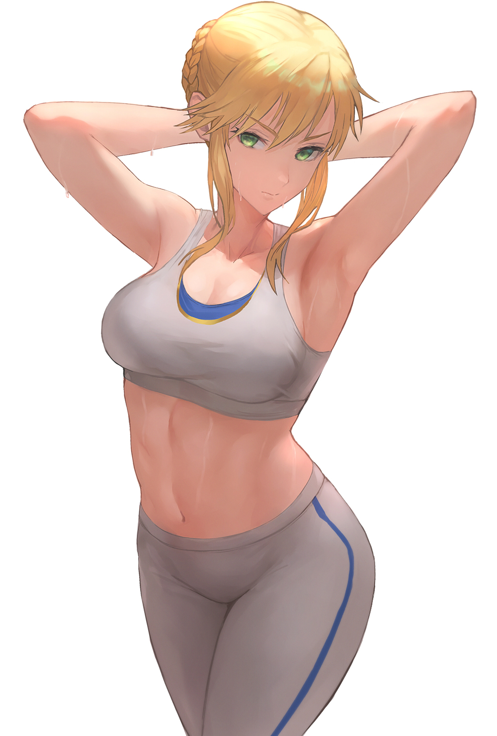 1girl ahoge armpits arms_behind_head arms_up artoria_pendragon_(all) artoria_pendragon_(lancer) bangs bare_shoulders blonde_hair bra braid breasts cleavage closed_mouth collarbone fate/grand_order fate_(series) french_braid green_eyes grey_bra grey_pants hair_between_eyes highres large_breasts long_hair looking_at_viewer navel otsukemono pants sidelocks simple_background solo sports_bra sweat swept_bangs thighs tight tight_pants underwear white_background yoga_pants