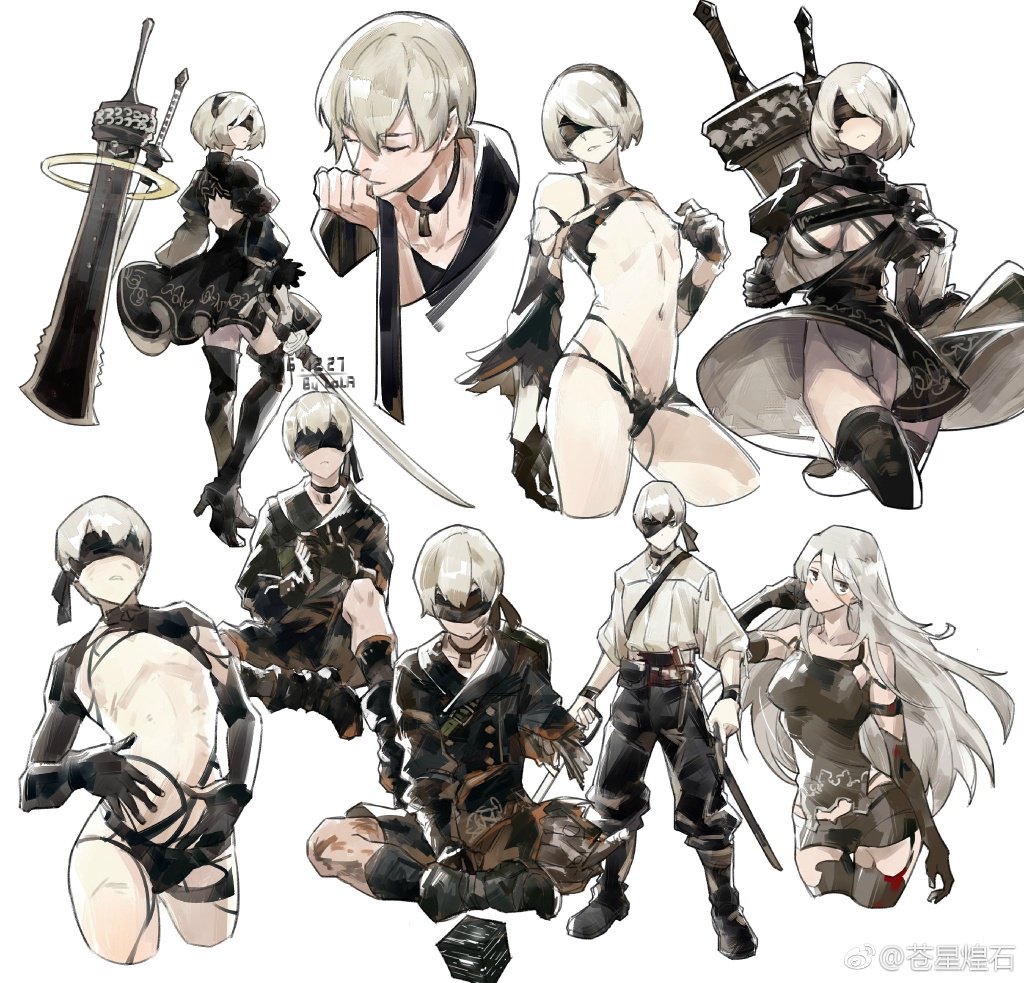 1girl 2boys alternate_costume arm_up back black_blindfold black_choker black_gloves black_hair blindfold blood blush boots choker closed_eyes closed_mouth elbow_gloves floating floating_weapon gloves grey_eyes hair_between_eyes hairband high_heels holding holding_sword holding_weapon injury katana leotard loladestiny long_hair looking_back multiple_boys navel nier_(series) open_eyes parted_lips puffy_sleeves short_hair simple_background sitting smelling standing sword thighhighs torn_clothes weapon white_background white_hair white_leotard wire yorha_no._2_type_b yorha_no._9_type_s yorha_type_a_no._2