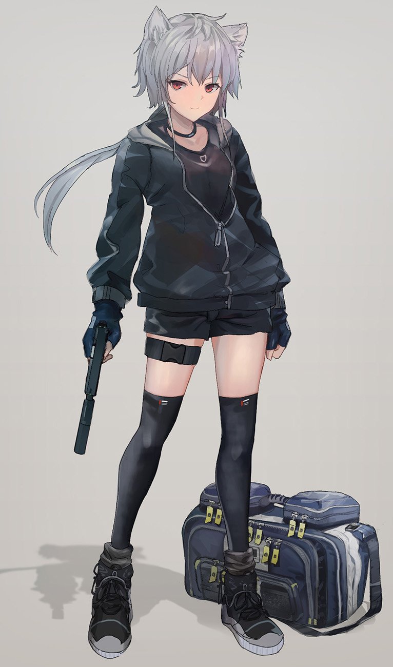 1girl animal_ear_fluff animal_ears ankle_boots bag black_choker black_gloves black_jacket black_legwear black_shirt black_shorts boots choker closed_mouth contrapposto fingerless_gloves full_body gloves grey_background grey_hair gun handgun highres holding holding_gun holding_weapon inabi jacket kneehighs leg_belt long_sleeves looking_at_viewer original pistol ponytail red_eyes shirt short_shorts shorts simple_background solo standing suppressor unzipped weapon