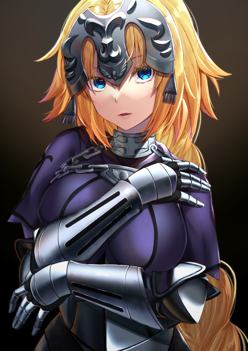 1girl armor armored_dress bangs blonde_hair blue_eyes braid breasts chain fate/apocrypha fate_(series) faulds gakuon_(gakuto) gauntlets headpiece highres jeanne_d'arc_(fate) jeanne_d'arc_(fate)_(all) large_breasts long_braid long_hair looking_at_viewer open_mouth plackart single_braid solo very_long_hair