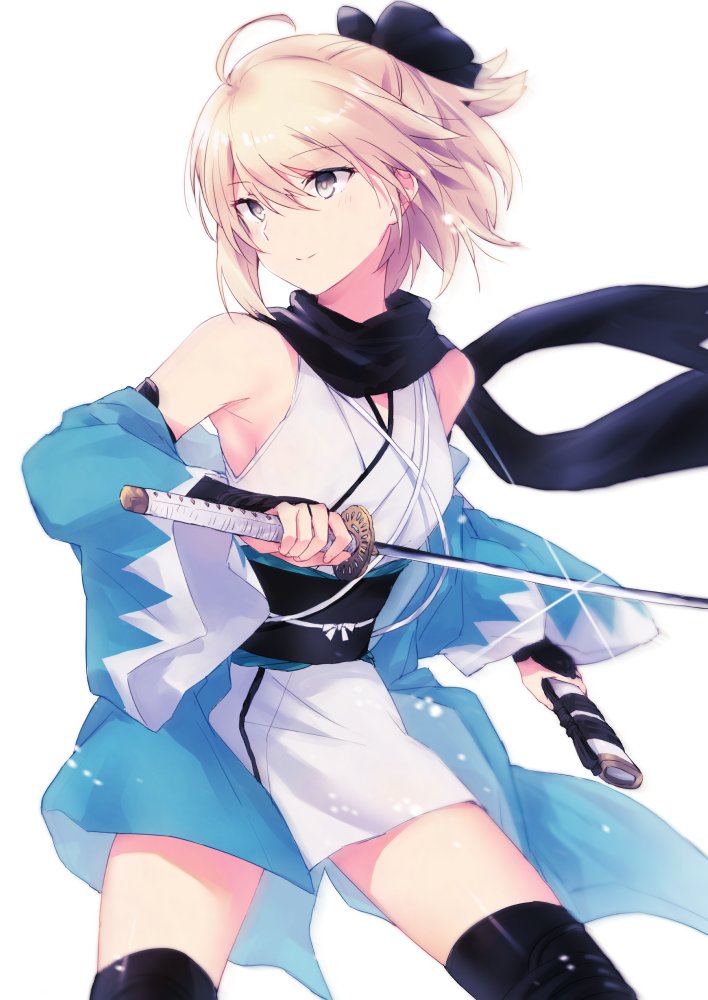 1girl ahoge blonde_hair bow fate/grand_order fate_(series) hair_bow holding holding_sword holding_weapon japanese_clothes katana kimono looking_to_the_side okita_souji_(fate) okita_souji_(fate)_(all) satsumi short_hair simple_background solo sword unsheathed weapon white_background