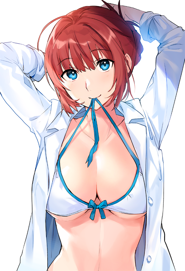 1girl ahoge arms_up bikini blue_eyes breasts cleavage coat collarbone commentary_request copyright_request front-tie_bikini front-tie_top halter_top halterneck large_breasts long_hair looking_at_viewer mouth_hold official_art open_clothes open_coat red_hair simple_background smile solo stomach swimsuit tan_(tangent) tied_hair untied untied_bikini upper_body white_background white_bikini white_coat wing_collar