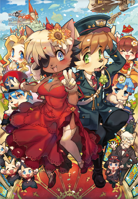 4girls 6+boys alicia_priss animal_ears aoneko black_footwear black_hair blonde_hair blue_eyes blue_hair blush boots brown_hair castle cat_ears cleavage_cutout closed_eyes confetti cyan_garland dress everyone eyepatch fang flare_priss flower fool_(tail_concerto) furry gloves green_eyes hair_flower hair_ornament hand_to_head hat long_dress long_sleeves military military_uniform multicolored_hair multiple_boys multiple_girls necktie official_art open_mouth panta_(tail_concerto) peaked_cap red_dress red_footwear red_neck short_hair stare_priss tail_concerto thighhighs two-tone_hair uniform v waffle_ryebread white_gloves white_legwear