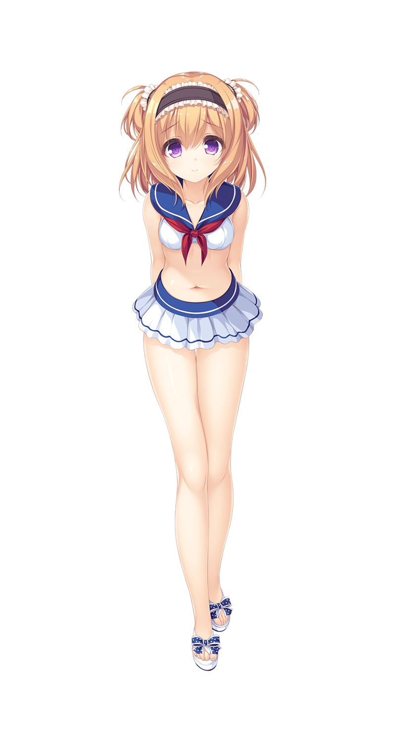 1girl arms_behind_back bikini_skirt eyebrows_visible_through_hair full_body hairband highres long_hair looking_at_viewer mishiro_arisu official_art pieces_/_wataridori_no_somnium purple_eyes sandals smile solo tenmaso transparent_background two_side_up