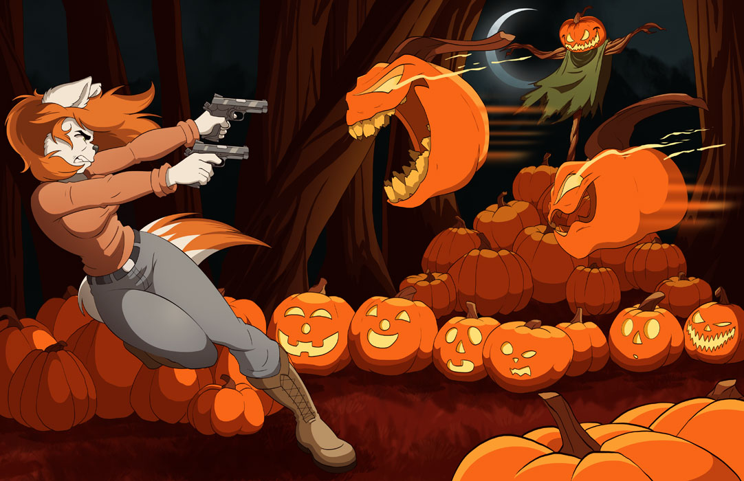 anthro breasts canid canine canis clothed clothing code_name:_hunter dipstick_tail domestic_dog evonallure female fur group gun hair halloween holding_gun holding_object holding_weapon holidays jack-o'-lantern mammal multicolored_tail open_mouth orange_hair ranged_weapon ruby_pyrenees weapon white_body white_fur