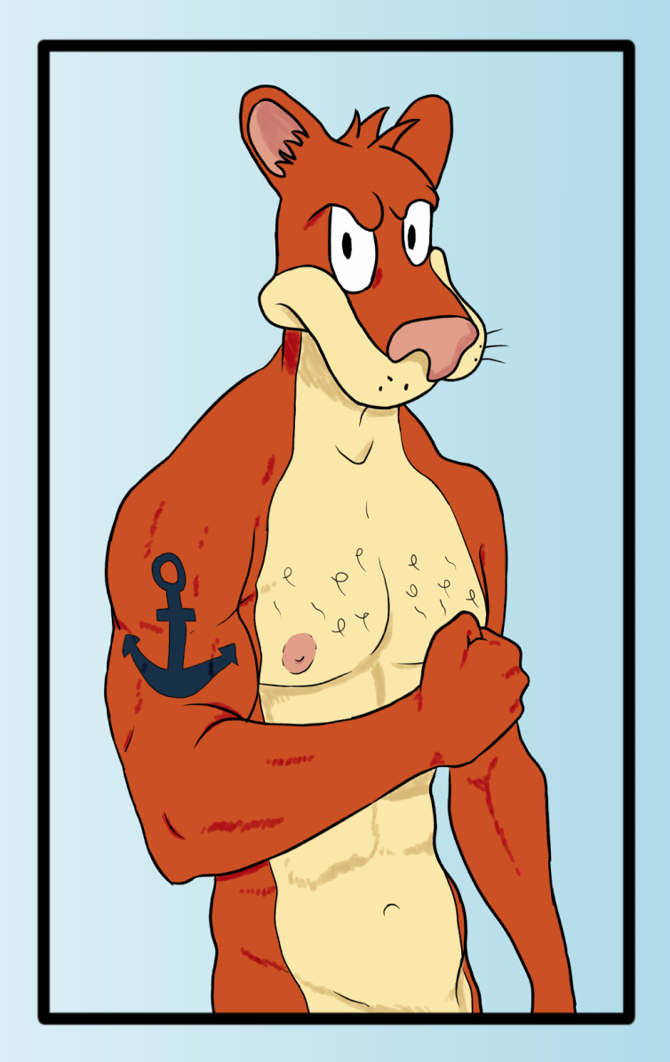 anthro body_hair cartoon_network chest_hair cow_and_chicken i_am_weasel male mammal muscular mustela mustelid musteline nipples puck-the-buck sailor tattoo