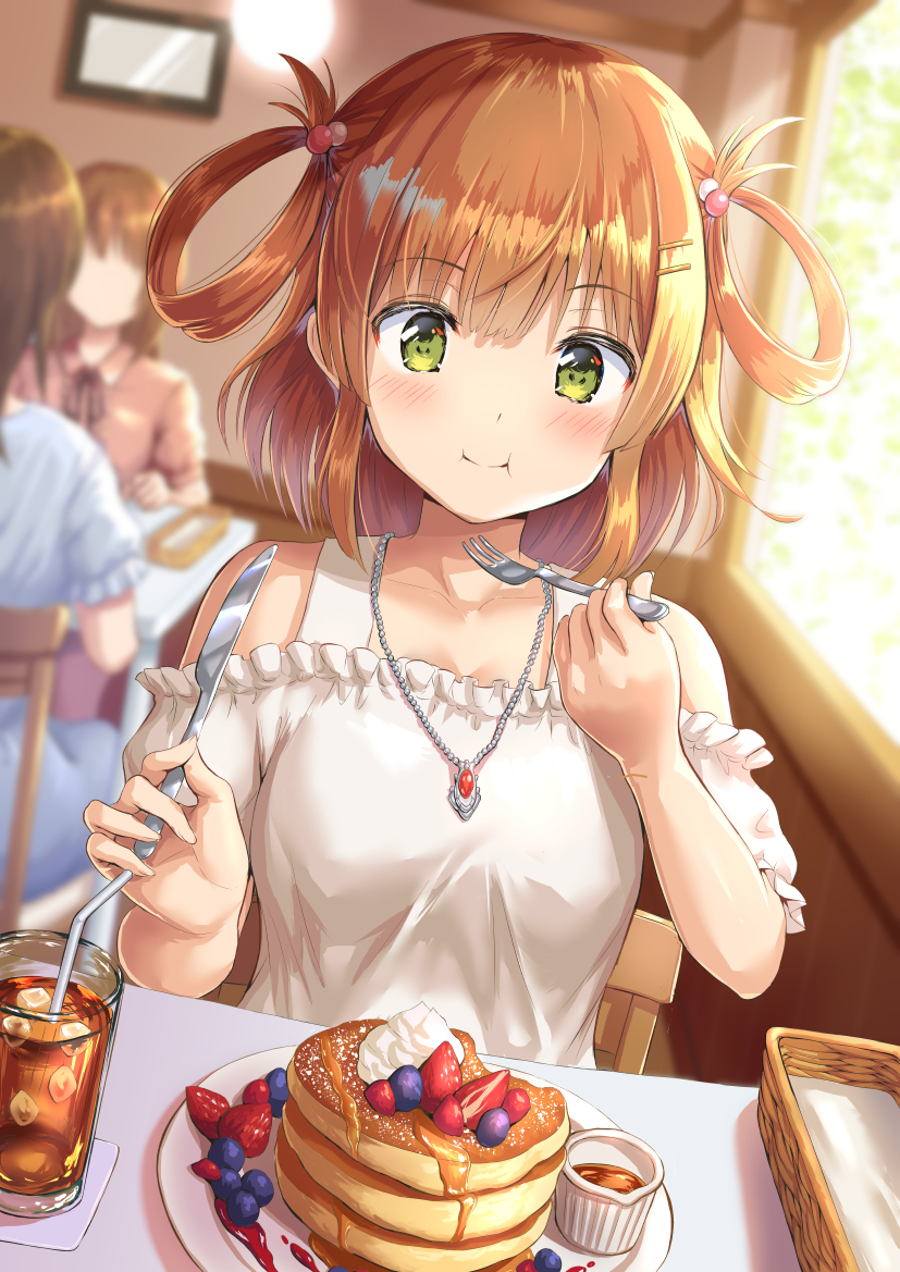 3girls :t bangs blush cake closed_mouth collarbone drink drinking_straw eating eyebrows_visible_through_hair food fork fruit glass grapes green_eyes hair_bobbles hair_ornament hair_rings hirokazu_(analysis-depth) inosaki_rino jewelry knife looking_down multiple_girls necklace orange_hair plate princess_connect! princess_connect!_re:dive short_hair solo_focus strawberry