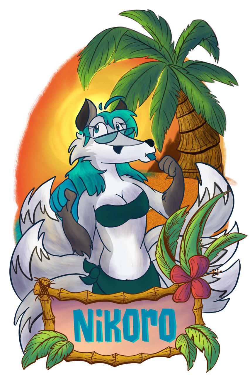 aleu_moonshadow anthro bandeau beach breasts canid canine clothing female food fox hi_res mammal nikorokumitsero palm_trees popsicle sand sea-monster-cupcakes seaside solo sun topwear