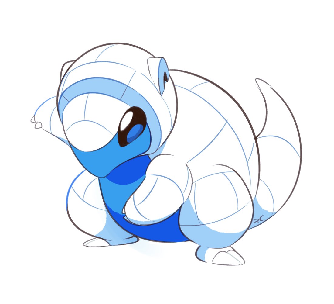 alolan_sandshrew artsy-rc commentary english_commentary gen_7_pokemon looking_at_viewer no_humans pokemon pokemon_(creature) signature simple_background solo standing white_background