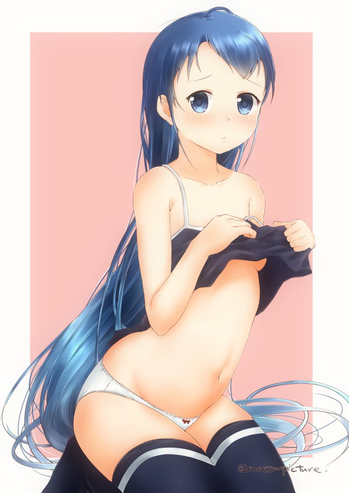 1girl artist_name bangs bare_arms bare_shoulders blue_eyes blue_hair blue_legwear blush bow bow_panties breasts camisole camisole_lift collarbone commentary_request eyebrows_visible_through_hair kantai_collection long_hair looking_at_viewer mae_(maesanpicture) navel panties samidare_(kantai_collection) seiza simple_background sitting small_breasts solo swept_bangs thighhighs underwear very_long_hair white_panties
