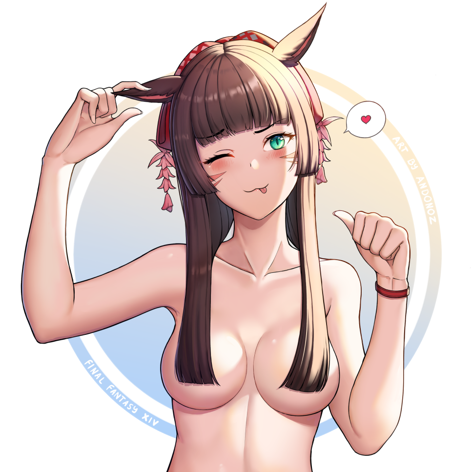 1girl :3 ;p andonoz animal_ears artist_name bangs blunt_bangs blush breasts brown_hair cat_ears english_commentary eyebrows_visible_through_hair facial_mark final_fantasy final_fantasy_xiv green_eyes hair_censor long_hair looking_at_viewer medium_breasts miqo'te nude one_eye_closed slit_pupils smile solo tongue tongue_out