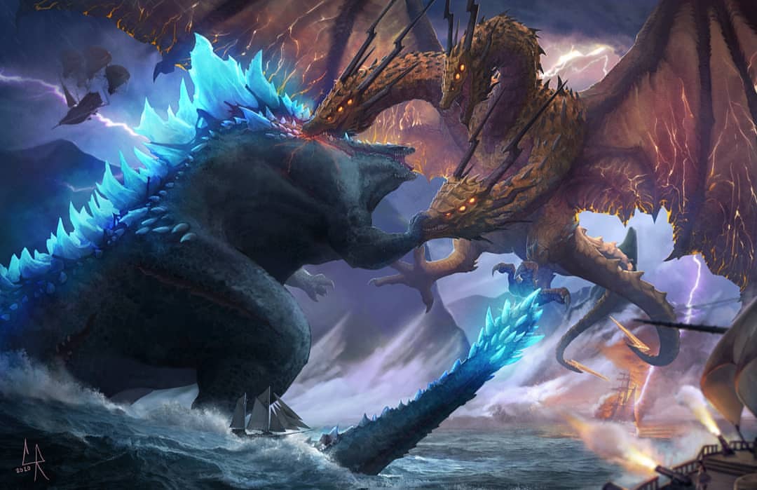 battle bioluminescence chipyray claws cloud commentary creature crossover deviljho dinosaur dragon dragon_horns dragon_wings electricity english_commentary fangs fighting fusion giant_monster glowing glowing_eyes glowing_mouth glowing_wings godzilla godzilla:_king_of_the_monsters godzilla_(2014) godzilla_(legendary) godzilla_(series) gold_skin horns kaijuu king_ghidorah king_ghidorah_(godzilla:_king_of_the_monsters) large_wings lightning monster monster_hunter monster_hunter:_world multiple_heads multiple_tails no_humans open_mouth safi'jiiva scales sharp_teeth sky slit_pupils spikes spines tail teeth wings xeno'jiiva yellow_eyes