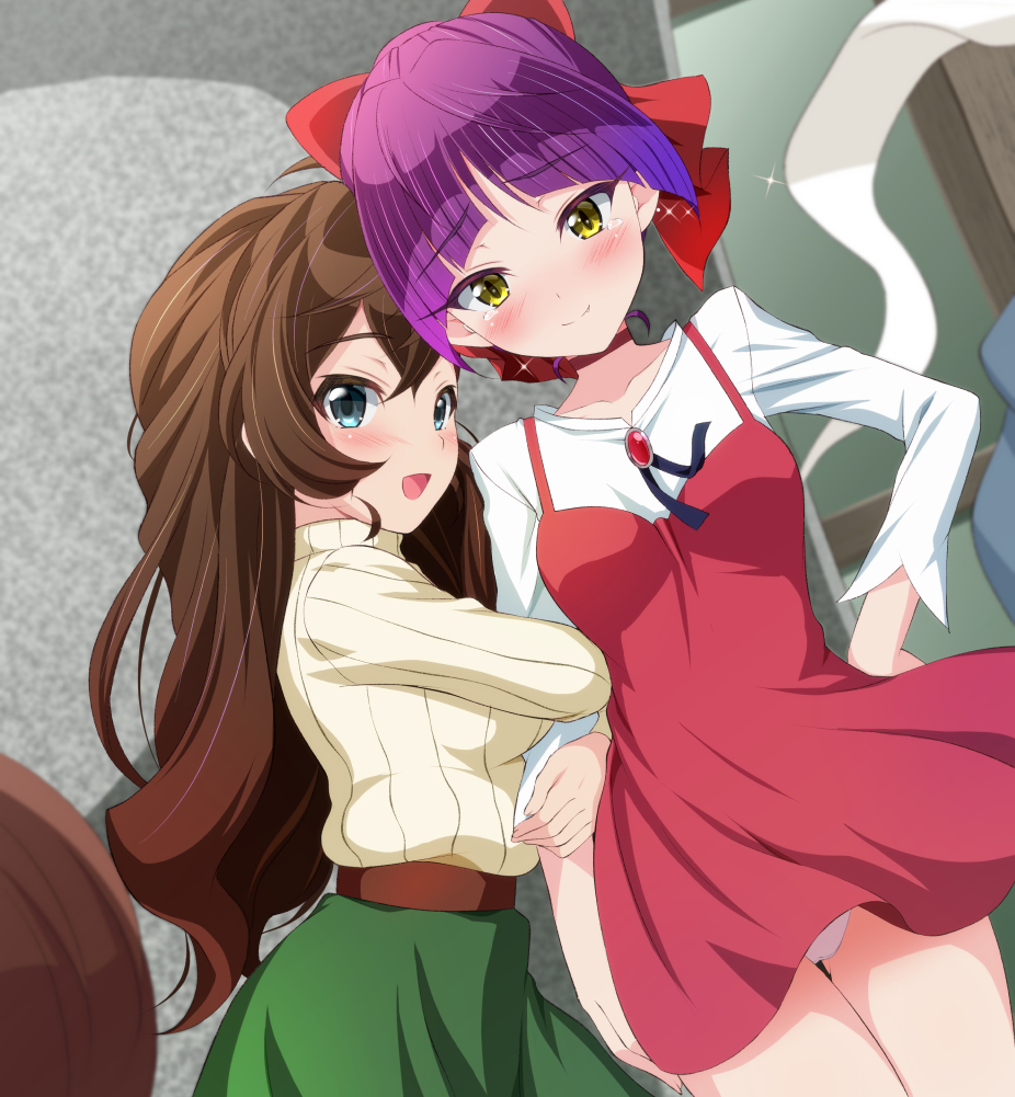 1boy 2girls :d arm_hug bangs blue_eyes blush bow brown_hair chisato_(missing_park) closed_mouth dress eyebrows_visible_through_hair gegege_no_kitarou green_skirt hair_bow hand_on_hip inuyama_mana kitarou long_hair long_sleeves looking_at_viewer multiple_girls nekomusume nekomusume_(gegege_no_kitarou_6) older open_mouth panties purple_hair red_bow red_dress ribbed_sweater shirt short_hair skirt smile sweater tears underwear white_panties white_shirt yellow_eyes yuri