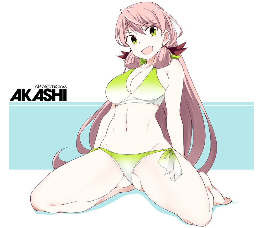 1girl akashi_(kantai_collection) ass_visible_through_thighs bangs bare_arms bare_legs bare_shoulders barefoot bikini blush breasts character_name eyebrows_visible_through_hair green_eyes groin hair_ribbon kantai_collection large_breasts long_hair looking_at_viewer navel open_mouth pink_hair ribbon side-tie_bikini simple_background sitting smile solo souji spread_legs stomach swimsuit tress_ribbon very_long_hair