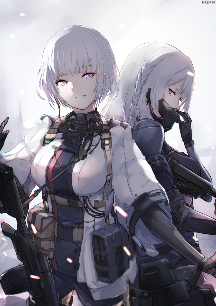2girls ak-15_(girls_frontline) ammo_box back-to-back bangs black_gloves blue_shirt braid commentary_request dyolf gas_mask girls_frontline gloves gun holding holding_gun holding_weapon long_hair looking_at_viewer multiple_girls purple_eyes rifle rpk-16_(girls_frontline) shirt short_hair silver_hair smile standing tactical_clothes weapon white_shirt