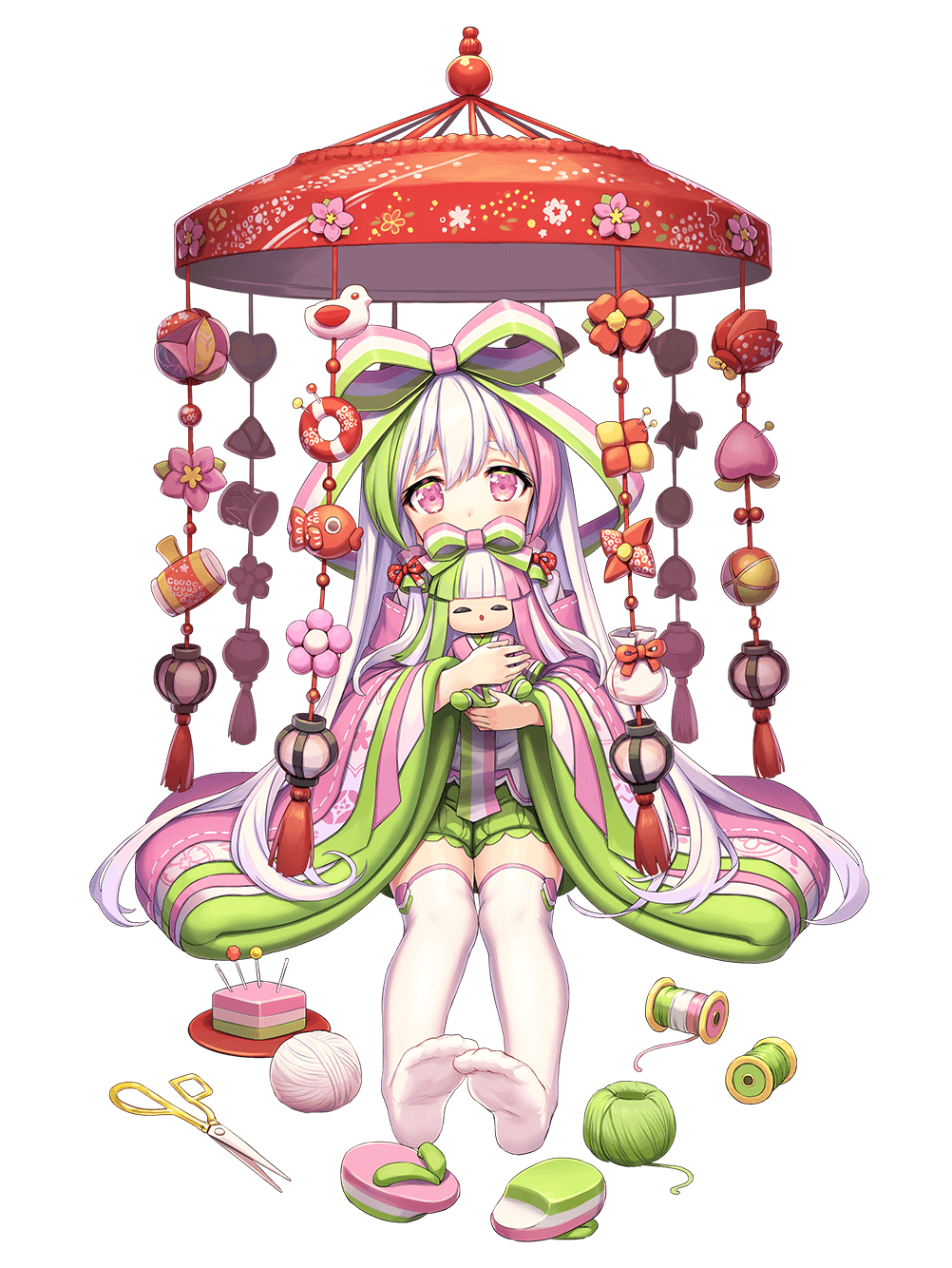 1girl bangs bow doll drum feet food food_fantasy footwear_removed fruit green_shorts hair_bow highres hishi_mochi_(food_fantasy) hishimochi holding holding_doll instrument japanese_clothes kimono lantern long_hair long_sleeves looking_at_viewer mallet multicolored_hair official_art peach pink_eyes scissors shorts sitting solo streaked_hair striped striped_bow tachi-e thighhighs thread very_long_hair white_hair white_legwear wide_sleeves yarn yarn_ball