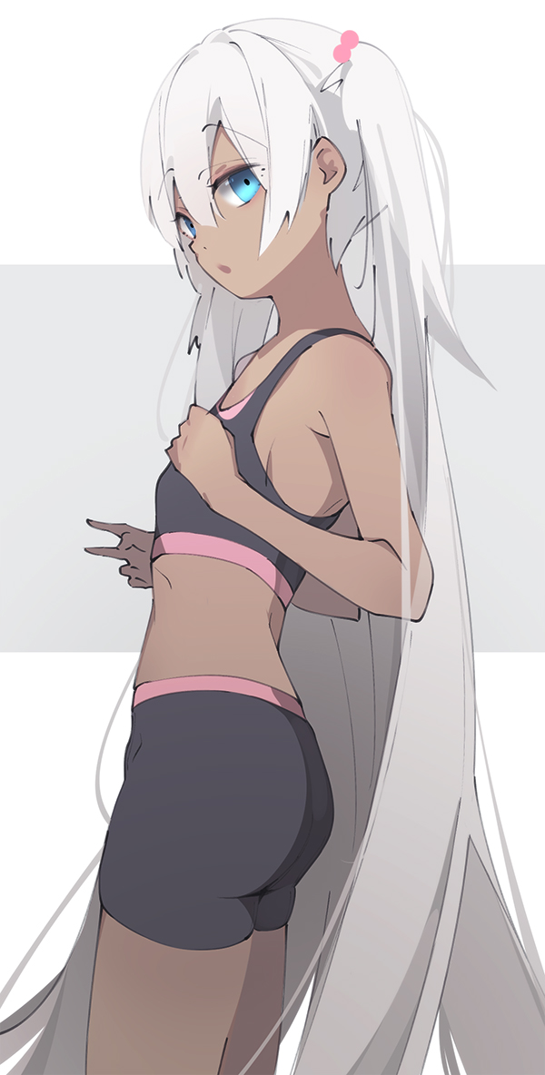 1girl :o ass bangs bare_arms bare_shoulders bike_shorts black_shorts blue_eyes commentary_request dark_skin eyebrows_visible_through_hair flat_chest from_side hair_between_eyes hand_on_own_chest kasshoku-chan_(katuo1129) katuo1129 long_hair looking_at_viewer looking_to_the_side original parted_lips shorts solo sports_bra twintails two-tone_background v very_long_hair white_hair